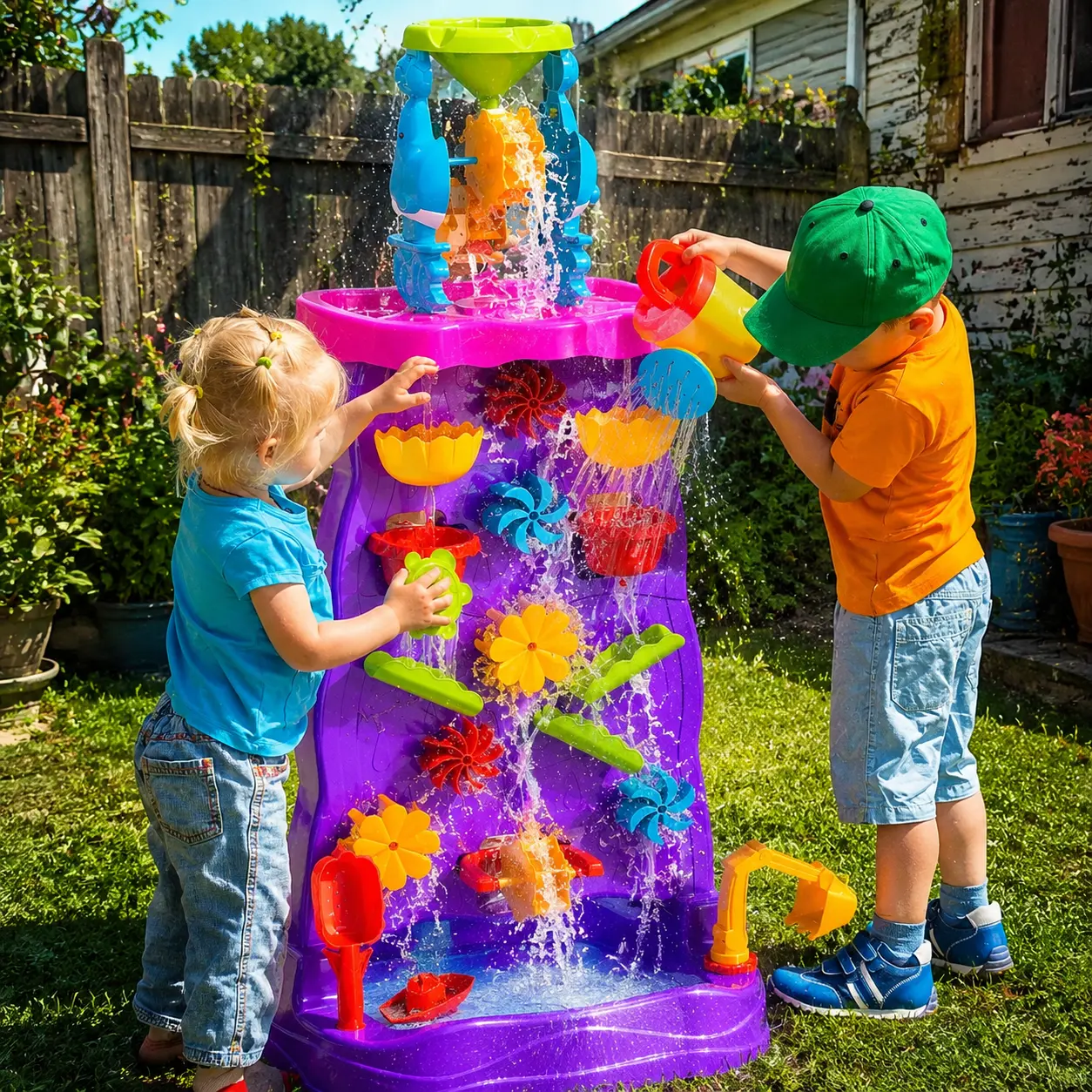 BPA-Free PVC-Free Kids Double-Sided Water Sand Table - Waterfall Design, Animal & Nature Decorations, Sand Toys, Learning & Children Development, 6-8 Years Birthday Holiday Summer Outdoor Sensory Pool Toy Gift, Decoration