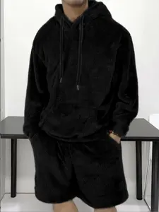fall outfits Autumn and winter men's plush hooded bear-ear sweatshirt and shorts set, loose fit, suitable for all body types. The fabric is soft and comfortable, presenting a fashionable, homey and laid-back style