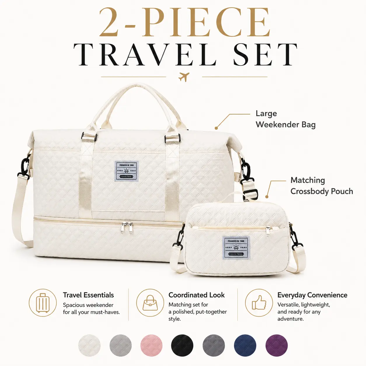 2Pcs Quilted Weekender Duffle Bag Set, Large White Carry On Travel Bag with Separate Shoe Compartment, Lightweight Overnight Gym Duffel with Mini Makeup Bag, Adjustable Shoulder Strap Bohemian Quilted Travel Luggage for Women