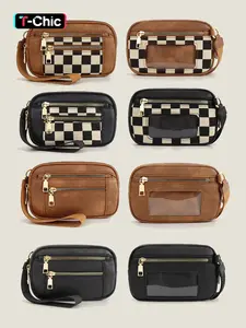 Women's Solid Color & Checkerboard Pattern Zipper Wristlet, Fashionable Pu Leather Wristlet for Daily Used, Casual Versatile Mini Coin Purse for Women & Men, Trendy Minimalist Purse