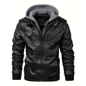 Casual PU Leather Long Sleeve Hooded Jacket - Men's Zip Up Jacket With Pockets For Outdoor