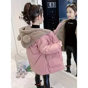 ' Winter Trench Coat, Thick And Loose with Large Pockets, Hooded Jacket Made of Warm Polyester Fiber, Featuring Panda Ears Design, Perfect for Outdoor Play, A Winter Outfit for, Suitable for Back-To-School Wear(Sheets)