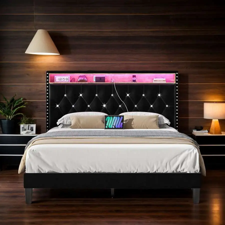 Upholstered LED Bed Frame With Storage Shelf Headboard Diamond Tufted Design & Built-In Charging Station Velvet Modern Platform Bed No Box Spring Required Full Queen King Sizes  Finish, Sturdy Bed Frame, Adjustable Led Headboard