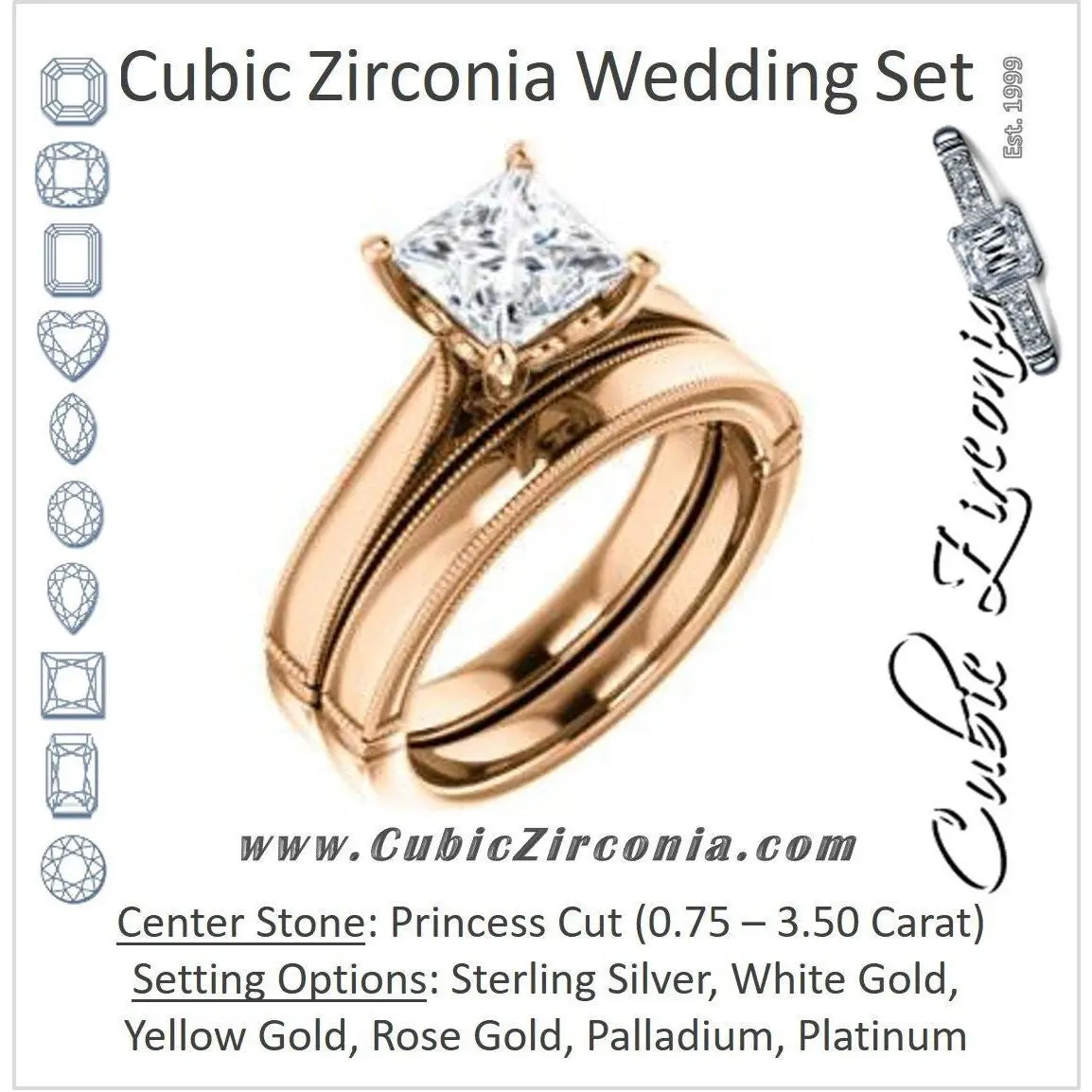 CZ Wedding Set, featuring The Britney engagement ring (Customizable Princess Cut Decorative-Pronged Cathedral Solitaire with Fine Milgrain Band)