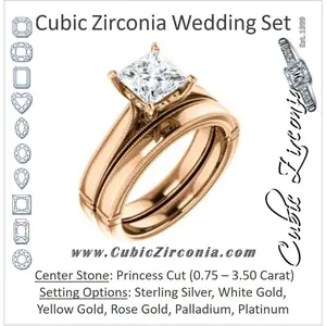 CZ Wedding Set, featuring The Britney engagement ring (Customizable Princess Cut Decorative-Pronged Cathedral Solitaire with Fine Milgrain Band)