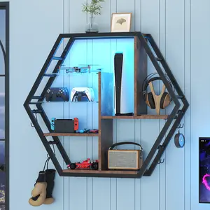 39-in Durable MDF Decorative Gaming Wall Mount Organizer with Iron Hanging Frame, LED Lights, 5-Tier Rack, 2 Removable Glass Shelves & 8 Hooks for Gamers’ Room, Shelf