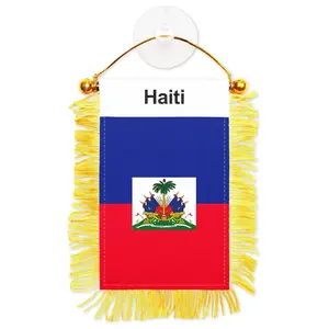 G128 Haiti Haitian Fringy Flag | Fringy Hanging Double Sided Flag with Suction Cup, Window and Car Rearview Mirror Decor