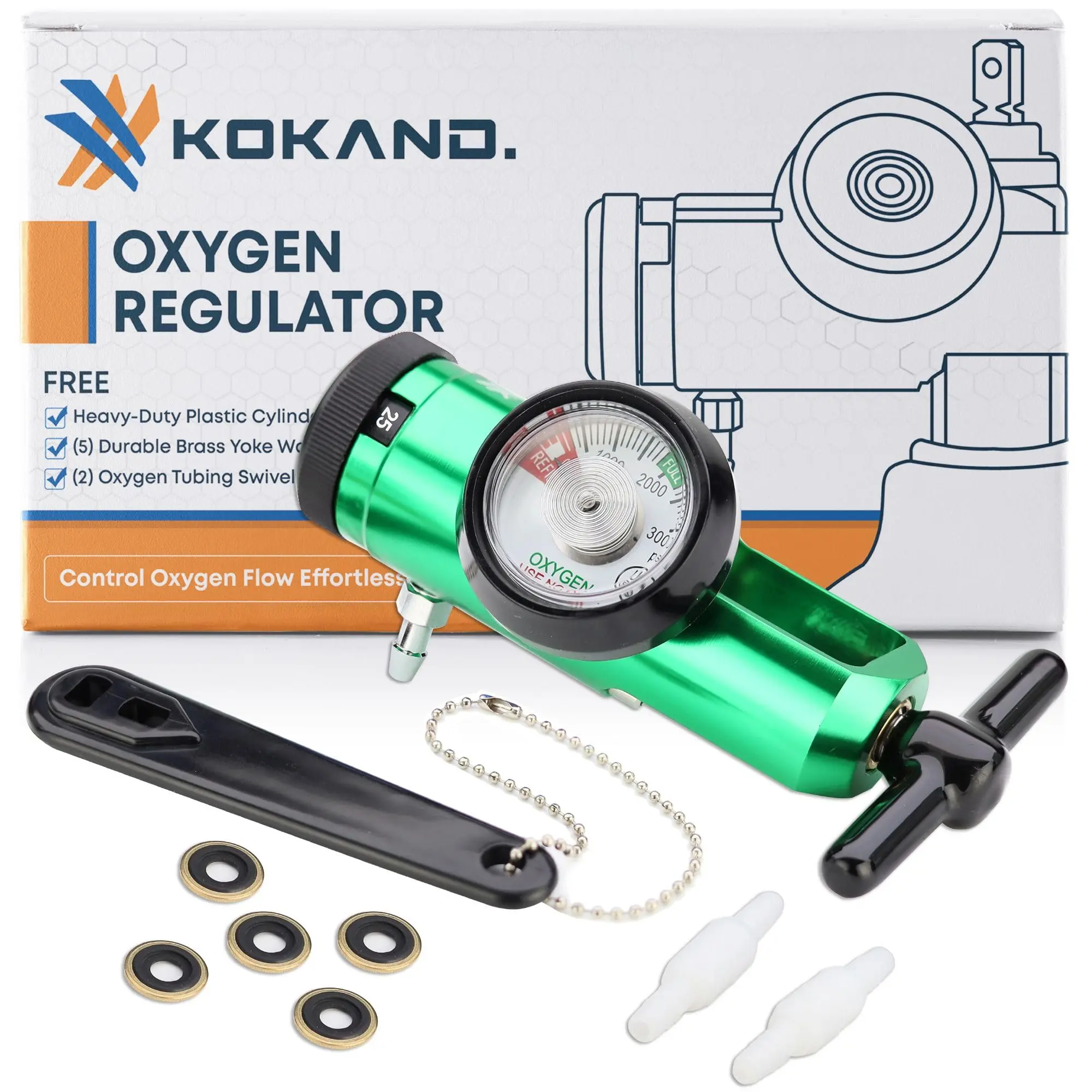 KOKAND Oxygen Regulator with Gauge, CGA-870 Fitting, 0-25LPM Flow Meter - Includes Wrench Key, 5 Brass Yoke Washer Seals, 2 Tubing Swivel Connectors - Green Medical Oxygen Tank Regulator