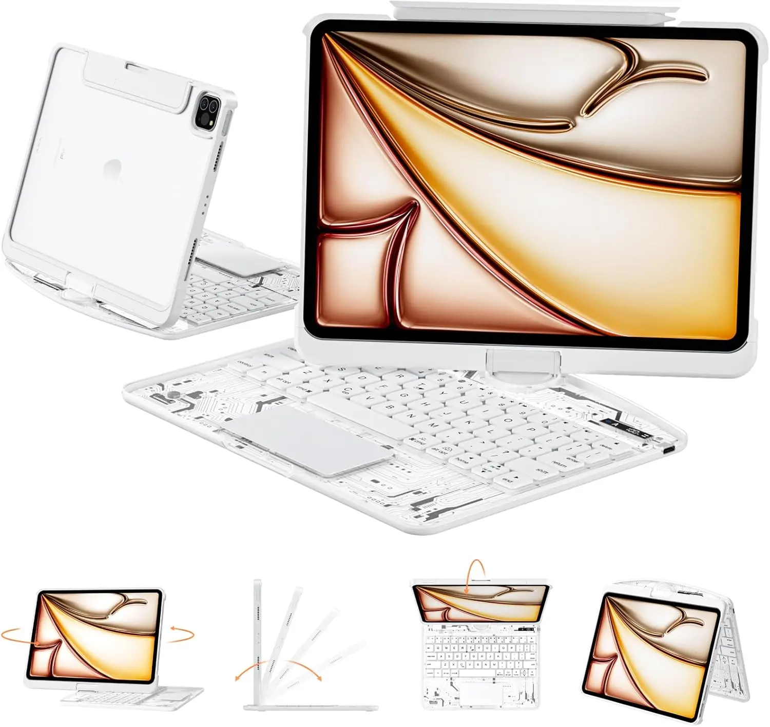 Transparent Design 360° Swivel Keyboard Case Compatible with Apple iPad (8.3'/10.2'/10.9'/11'/12.9'/13 inch )ipad 7-11th(A16)/ipad air(2022-2026) / ipad pro (2018-2025) and ipad mini , Magnetic Pencil Holder, Bluetooth Wireless& Lightweight Build