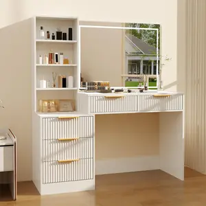 Makeup Vanity with HD Mirror Lights & Power Outlet Vanity Desk with 5 Drawers Glass Top Storage & Hairdryer Rack Wave Texture Dressing Table for Bedroom