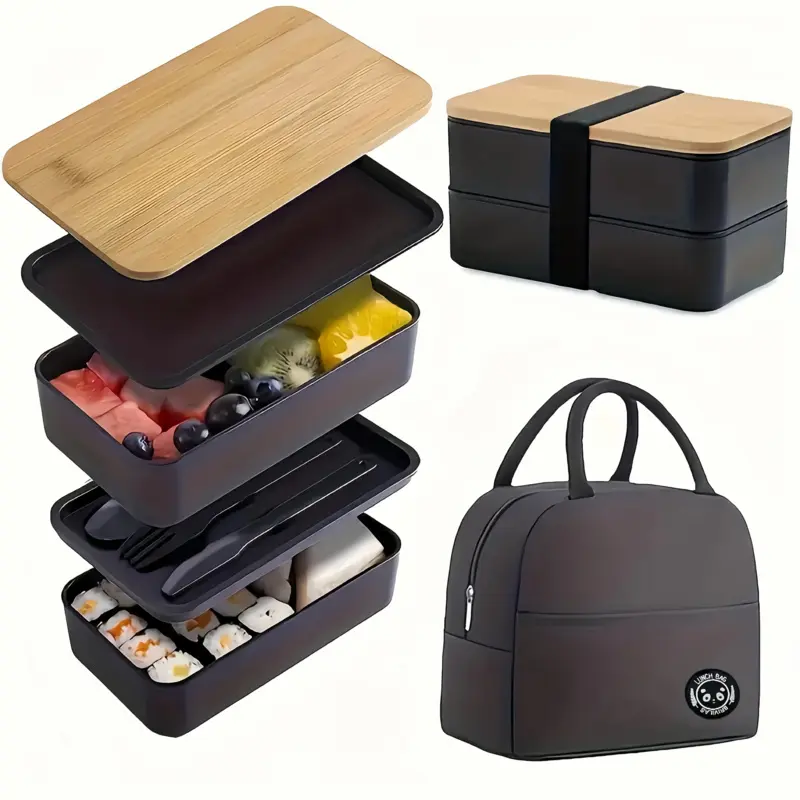 1pc Japanese Insulated Lunch Bag, Leakproof Insulated Lunchbox, Double-Layer Microwave Safe, Leak-Proof, Portable, Divided, with Utensils, Plastic, for Office Workers, Outdoor Fishing, Christmas Gift Bento Lunch Box, Lunch Insulation Bag