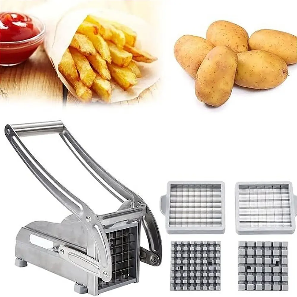 Manual French Fry Slicer, Sturdy Stainless Steel Potato Cutter with 2 Interchangeable Blades and Anti Slip Rubber Base for Kitchen, Home Cooking, Barbecue Parties