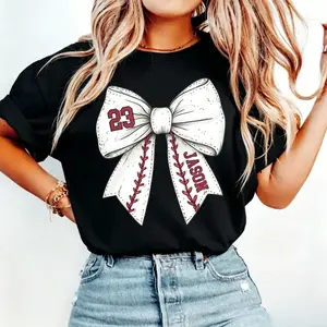 Custom Baseball Bow Shirt, Baseball Mom Shirt With Kids Name & Jersey Number, Baseball Wife shirt, Cute Baseball Mama Shirt