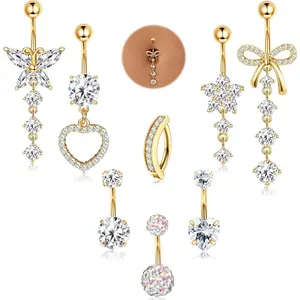 YADOCA 316L Surgical Steel Gold Dangle Belly Button Ring for Women Silver Dangly Belly Rings 14G Hypoallergenic Navel Belly Button Piercing Jewelry Bow Heart 10mm/12mm Barbell Length