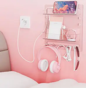 Bedside Shelf for Dorm Bed,Rv,Small Room and Nightstand,Wall Mounted Floating Shelves and Bedside Wall Organizer for Remote,Phone Holder,Charging Shelf,Cute Bedroom Decor for College Girl,Clear