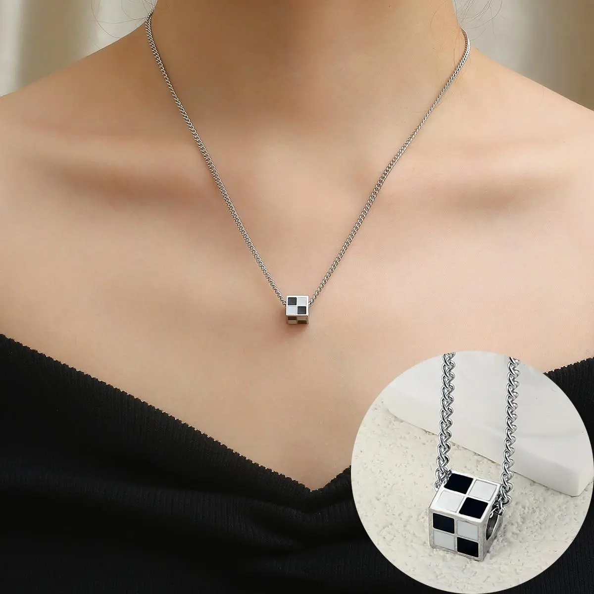 Women's Fashionable Jewelry Black and White Checkered Cube Pendant Necklace - Minimalist Chain, Unique, Eye-Catching, Versatile for Daily Wear, Dating, Female, Chain & Link, Necklace Set, One-Piece
