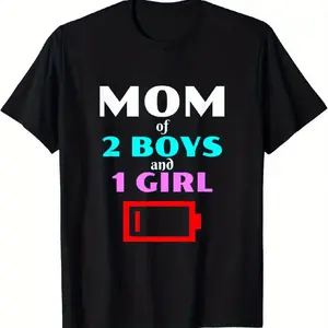 Mom of Two Boys Tired Graphic Cotton T-Shirt, Funny Family Casual Crew Neck Tee, Perfect Mother's Day Gift For Her