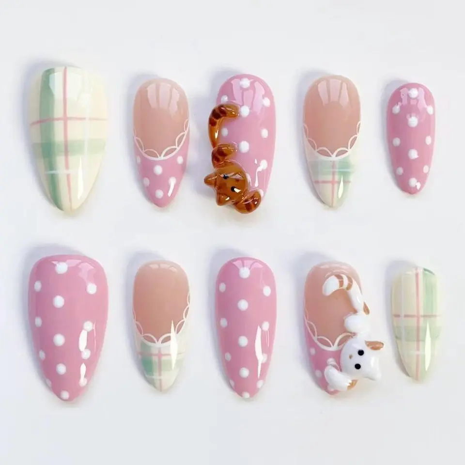 3D Kawaii Cute cat nails/Pink polka dots nails press on nails almond nails/Green Plaid Nails/French nails/Custom nails/Birthday nails