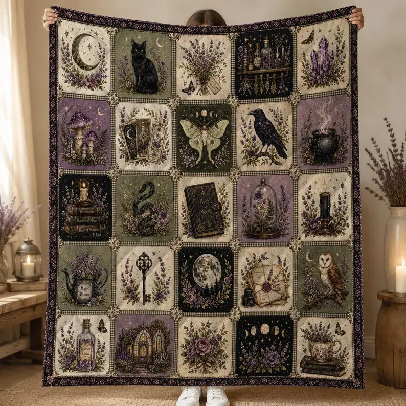 Gothic Witch Patchwork Quilt, Dark Cottagecore Throw, Lavender Moon Raven Bedding Set, Botanical Magic Witchy Gift for Black Cat Lover Boho Vintage 90s Throw, Gamer Lover Gift Throw Blanket Birthday Anniversary Holiday Christmas Hallow
