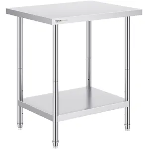 VEVOR Smooth Stainless Steel Prep Table with Shelf, 24x30x34 Inch, 700 lbs Load Capacity, Heavy-Duty Metal Worktable with 3 Adjustable Height Levels, Commercial Workstation for Kitchen & Garage