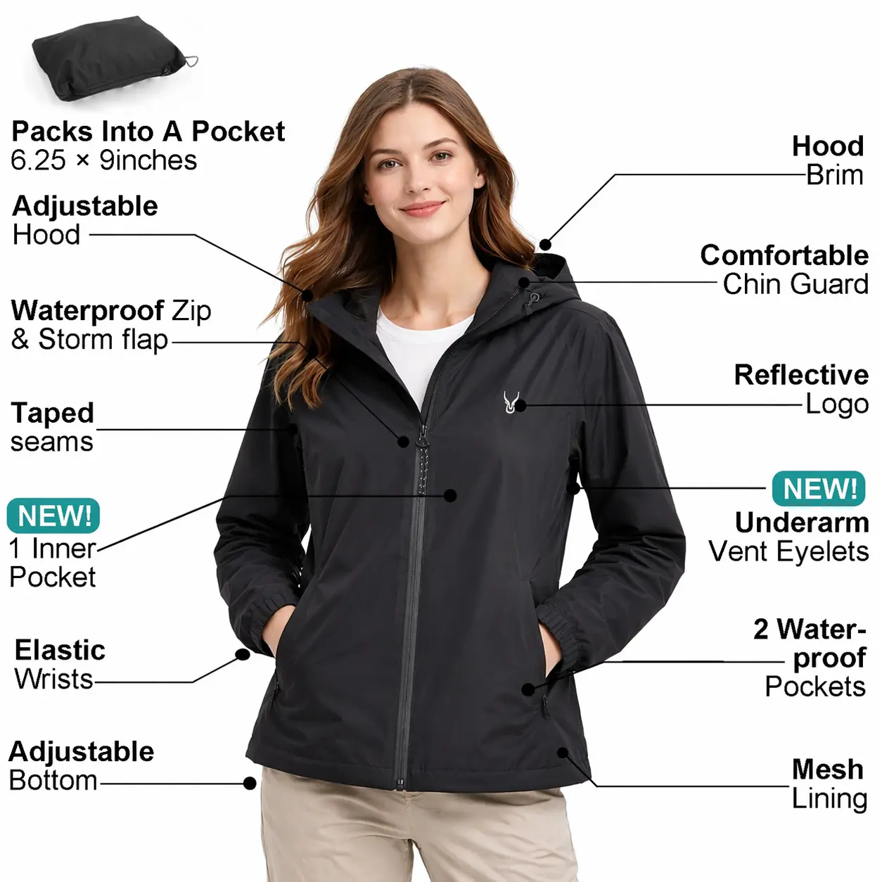 Unisex Outdoor Elastic High Neck Waterproof Jacket - Fully Taped Seams, Waterproof Zippers, Underarm Vents, Adjustable Hood, Adjustable Hem, Packable Into Own Pocket, Ideal for Hiking, Camping, Rainy Days