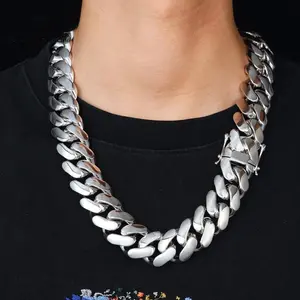 18K White Gold Vacuum Plated Stainless Steel Chain & Copper Deployment Clasp Miami Cuban Link Chain Italy Mexico & Micro Inspired Unisex Hip Hop 12-22mm Necklace for Men & Women Jewelry,Daily Wear,Casual Fashion,Gift,Chicano Style,Weighty,S