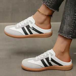 Women's Slip-On Mules Sneakers - Round Toe, Synthetic Leather Upper, Fabric Lining, PVC Sole, Lightweight & Comfortable Walking Shoes with Striped Design, Casual Footwear |   Striped Mules |   Crew Sole Footwear Boy Nail