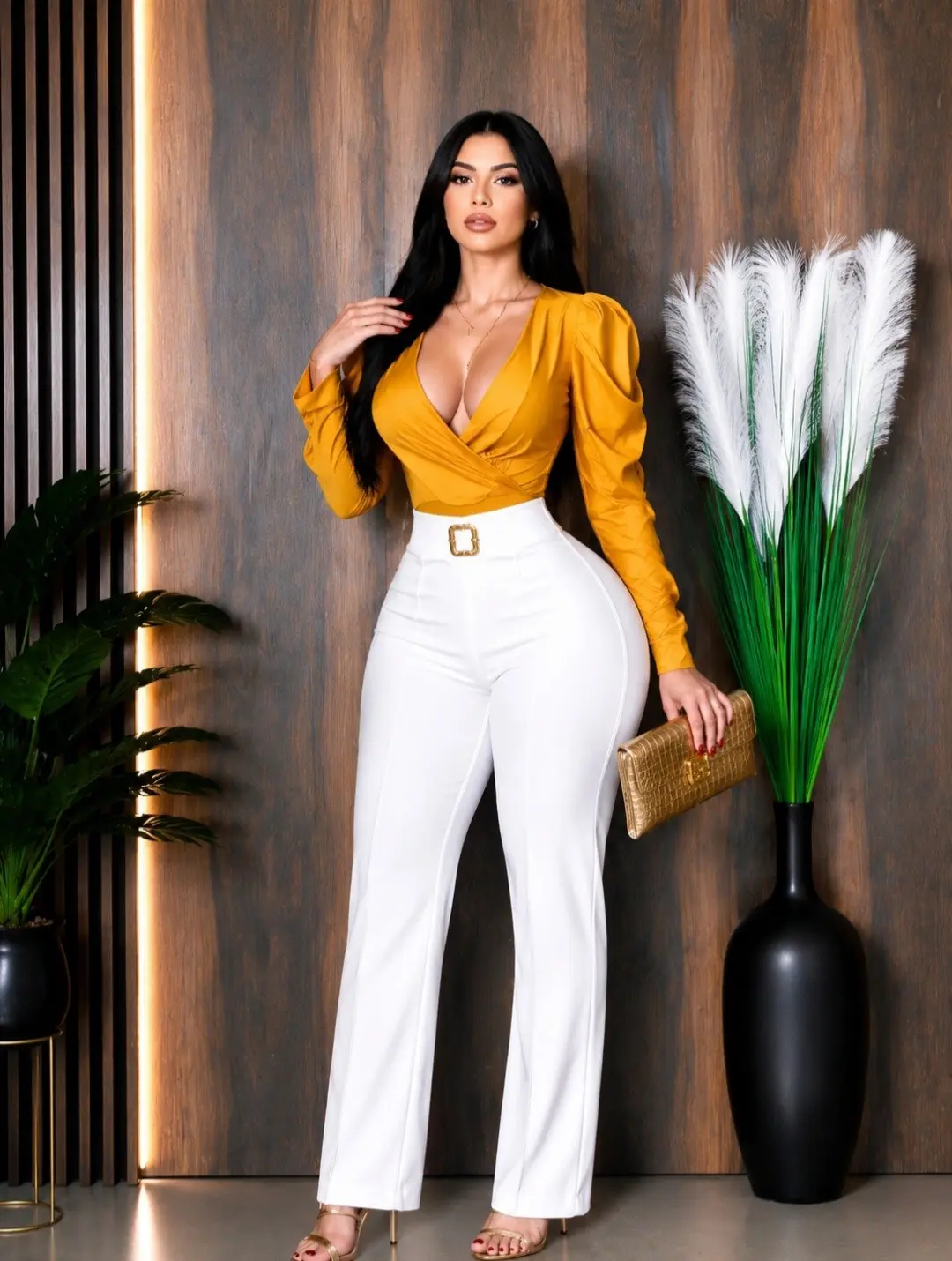 Hadassah Women's V Neck Long Sleeve Bodysuit, Elegant Luxe Curves Shapewear in Colombian Stretch Fabric, Figure-Enhancing Top for Watch Party & Everyday Wear