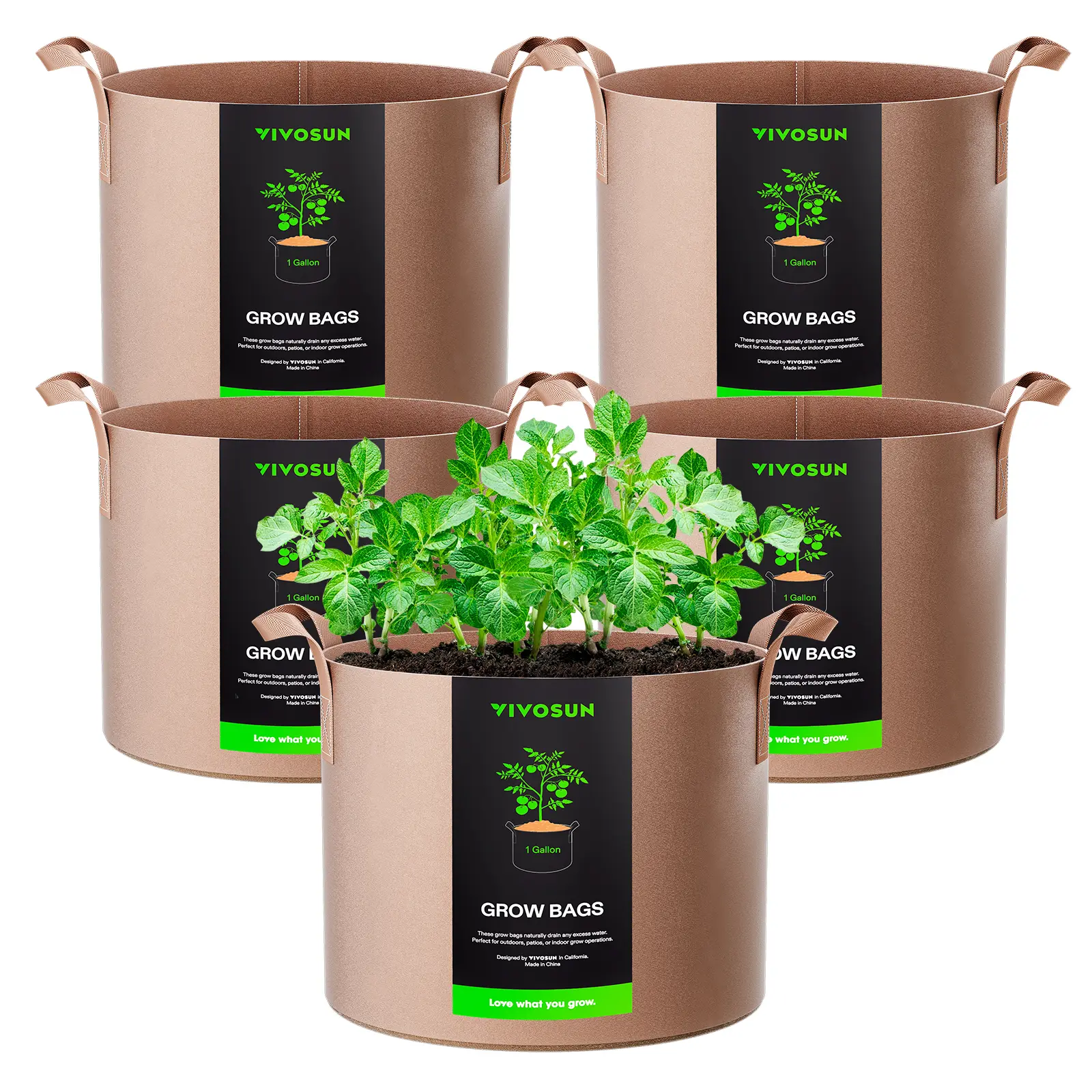 VIVOSUN 5-Pack Grow Bags Heavy Duty Thickened Nonwoven Fabric Pots with Strap Handles Tan