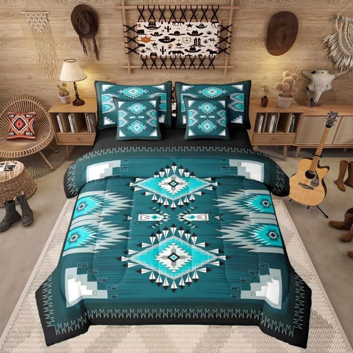 Boys Western Decor Bed in A Bag 7 Piece for Teens Bohemian Aztec Comforter Set with Sheet Exotic Southwestern Geometric Bedding Set,Rustic Farmhouse Bedding Comforter Set,Green