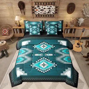 Boys Western Decor Bed in A Bag 7 Piece for Teens Bohemian Aztec Comforter Set with Sheet Exotic Southwestern Geometric Bedding Set,Rustic Farmhouse Bedding Comforter Set,Green