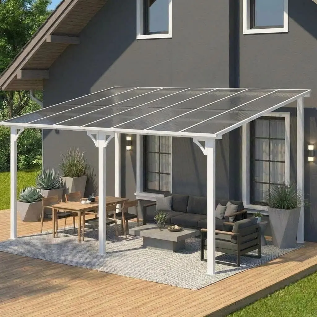 GARVEE 10x14Ft Wall Mounted Gazebo, Hard Top Lean to Gazebo Pergola with Roof & Gutters, Large Wall-Mounted Heavy Duty Awnings, Outdoor Gazebo for Patio, Deck, Porch, Backyard, White