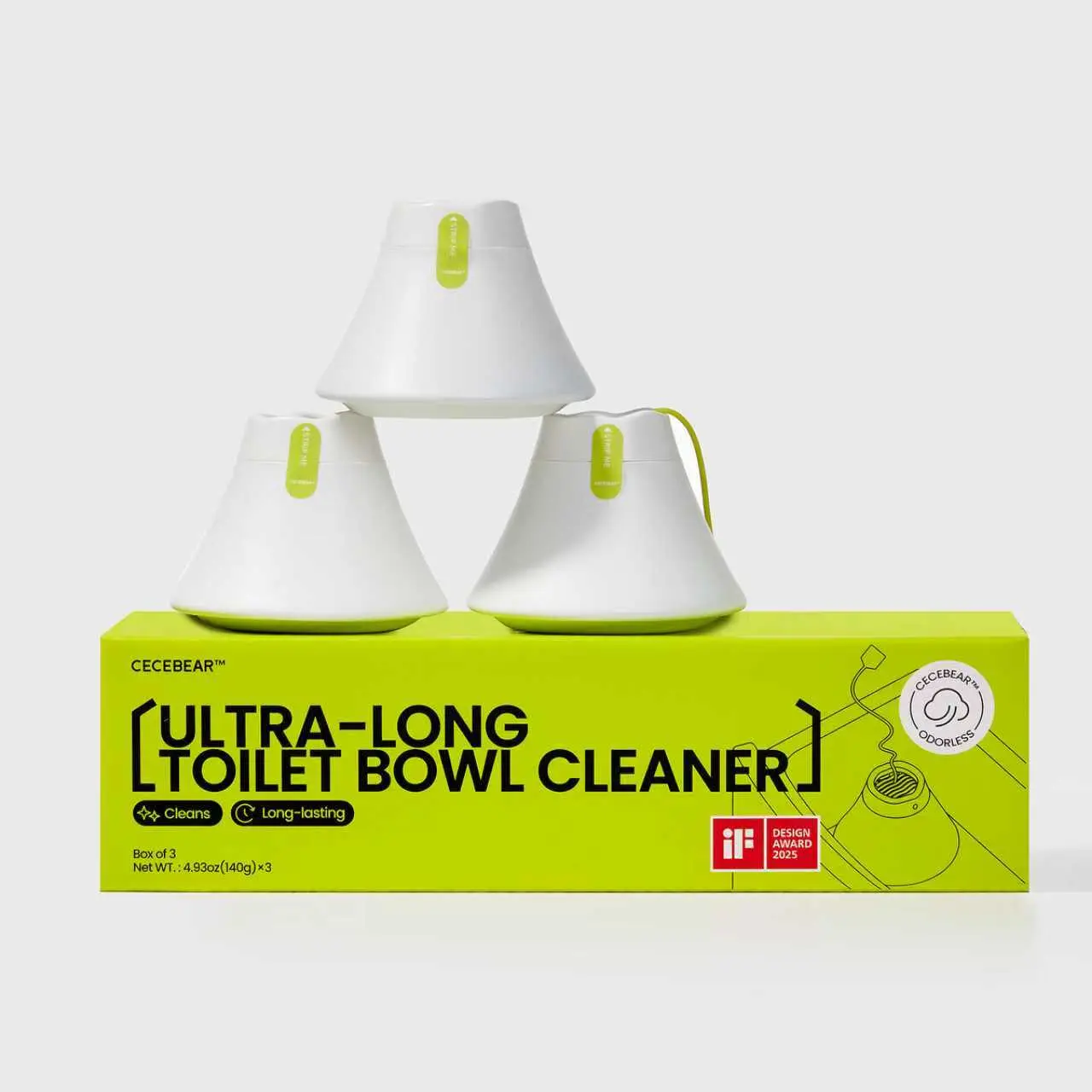 CECEBEAR Ultra-Long Toilet Bowl Cleaner Block (Pack of 3) - Toilet Bowl Cleaners with Smart Hands-Free Design, 43.3% Active Surfactants, Free & Clear, Septic-Safe, Hard Water Stain Remover, Maintains Freshness