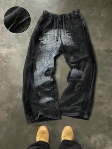 Men's Casual Loose Cotton Sport Pants, Graphic Print, Drawstring Waist, Long Regular Fit, Street Style, All Seasons, Ideal Gift