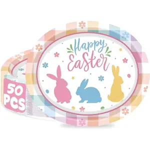 QZYL 50pcs Easter Paper Plates, 12.2" x 10.2" Oval Colorful Bunny Print Tableware, Disposable Dinner Plates Rabbit Dinnerware Decoration for Spring Easter Birthday Holiday Party Supplies