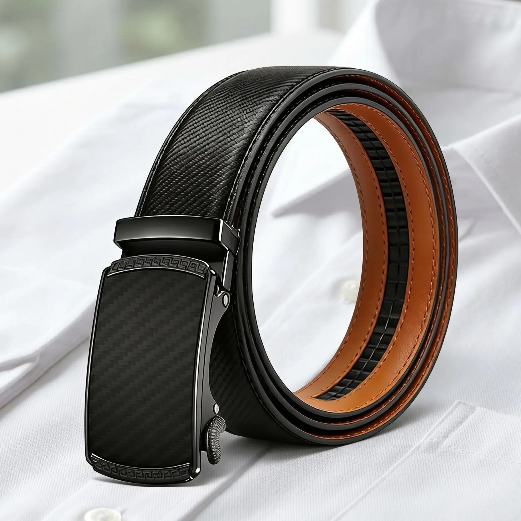 【Men's Gift】With Box High-Quality Cowhide Leather Ratchet Belt, Automatic Buckle, Adjustable Buckle, Classic Design for Dress & Casual Daily Wear, Ideal Gift