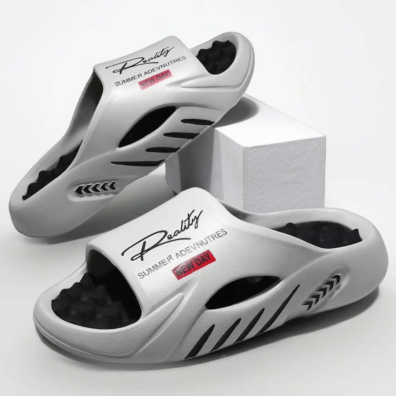 Men's Letter Print EVA Slides with Soft Thick Sole, Chic Hollow Street Style, Lightweight and Flexible for Summer Wear