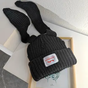 Korean Style Cute Bunny Long Ears Acrylic Knit Hat for Women, LOVERBOY Winter Warm Thickened Ear Protection Cold Weather Beanie Soft Fashionable