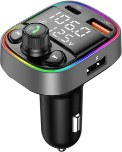 AUX USB C Bluetooth Car Adapter, Wireless Handsfree Call, FM Transmitter Radio Receiver, QC3.0 & Type-C Car Charger, 7 Color Backlit with 2 LED Displays, TF Card & Music Stereo Player