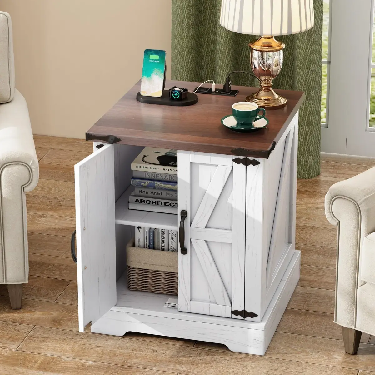 White Farmhouse Cube End Table with Charging Hub - Rustic Wood Nightstand, Barn Door, 2-Tone Space Saving Furniture, 19.6inL x19.6inW x23.6inH, 37.8lbs, Adjustable Shelf, Retro Hinges, French Country Decor, Assembly Required for Bedroom, Living Room, Char