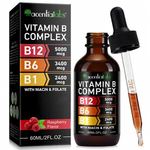 Acentiallabs Vitamin B Complex 5000mcg B12 & B6 Liquid Drops Raspberry Flavor for Energy Brain Heart Support 2fl oz USA Made Essential Minerals Supplement