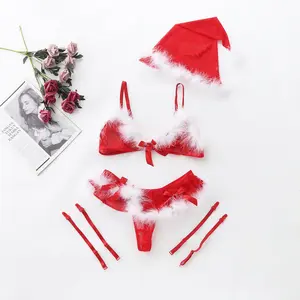 Women's Sexy Christmas Lingerie Set Santa Bra and Panty Babydoll Sleepwear Roleplay Costumes with Hat and Garter Belts