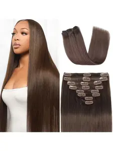 Halloween Family Wig Clip In Hair Extensions Real Human Hair Clip In 100% Brazilian Remy Human Hair Extension For Women 8pcs Per Set With 18 Clips Double Weft Hairpieces (#4 Chocolate Brown)