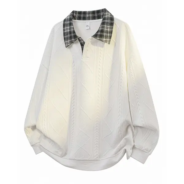 Men's White Knitted Polo Sweatshirt with Plaid Collar Oversized Retro Casual Pullover Medium Fit