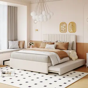 Full Size Upholstered Platform Bed Frame with 2 Drawers and 1 Twin Size Trundle, Wood Bed Frame with Classic Headboard and Slats, No Box Spring Needed