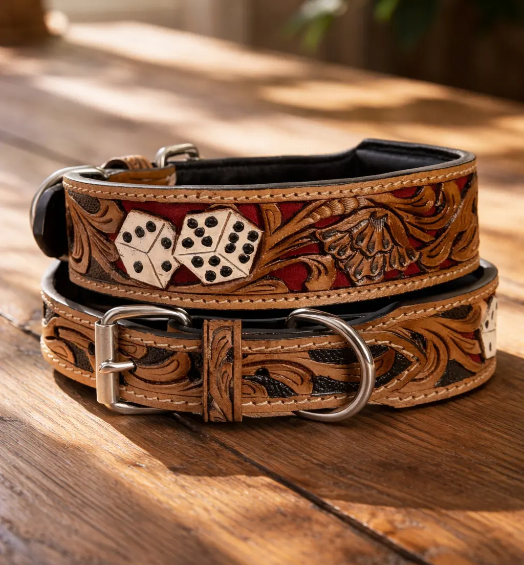 Leather Dog Collar Full grain Leather Handmade Tooled Carved 1.5" wide