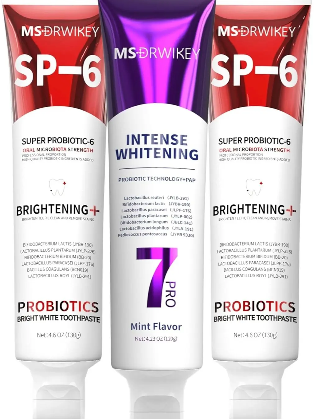 MSDRWIKEY 3-Pack Whitening Toothpaste: Popping 7-Pro Whitening (2-Pack) + SP-6 Toothpaste with 6 Probiotics, Fluoride-Free Formula,Enamel Safe,Gum Health.