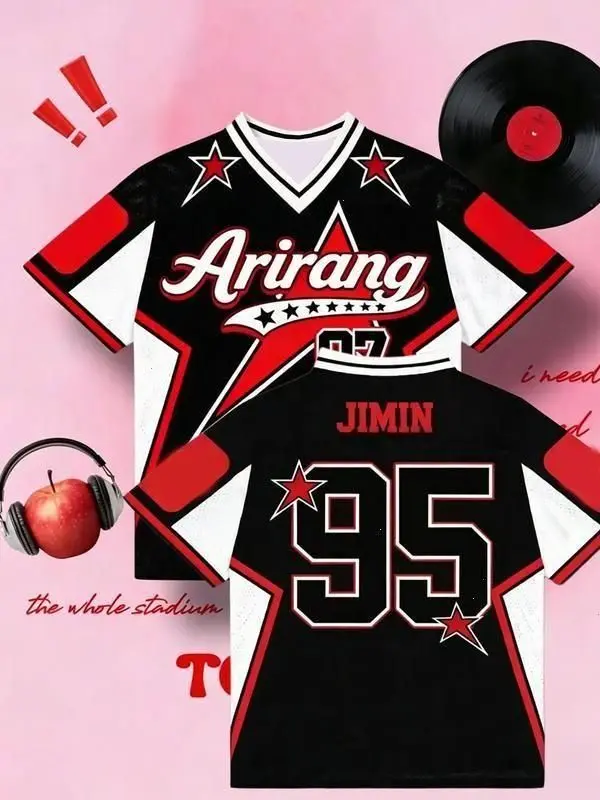 Ver2 Arirang 94 Star Print Jersey Tee, KPop Inspired Oversized V-Neck Shirt, Breathable Streetwear Top