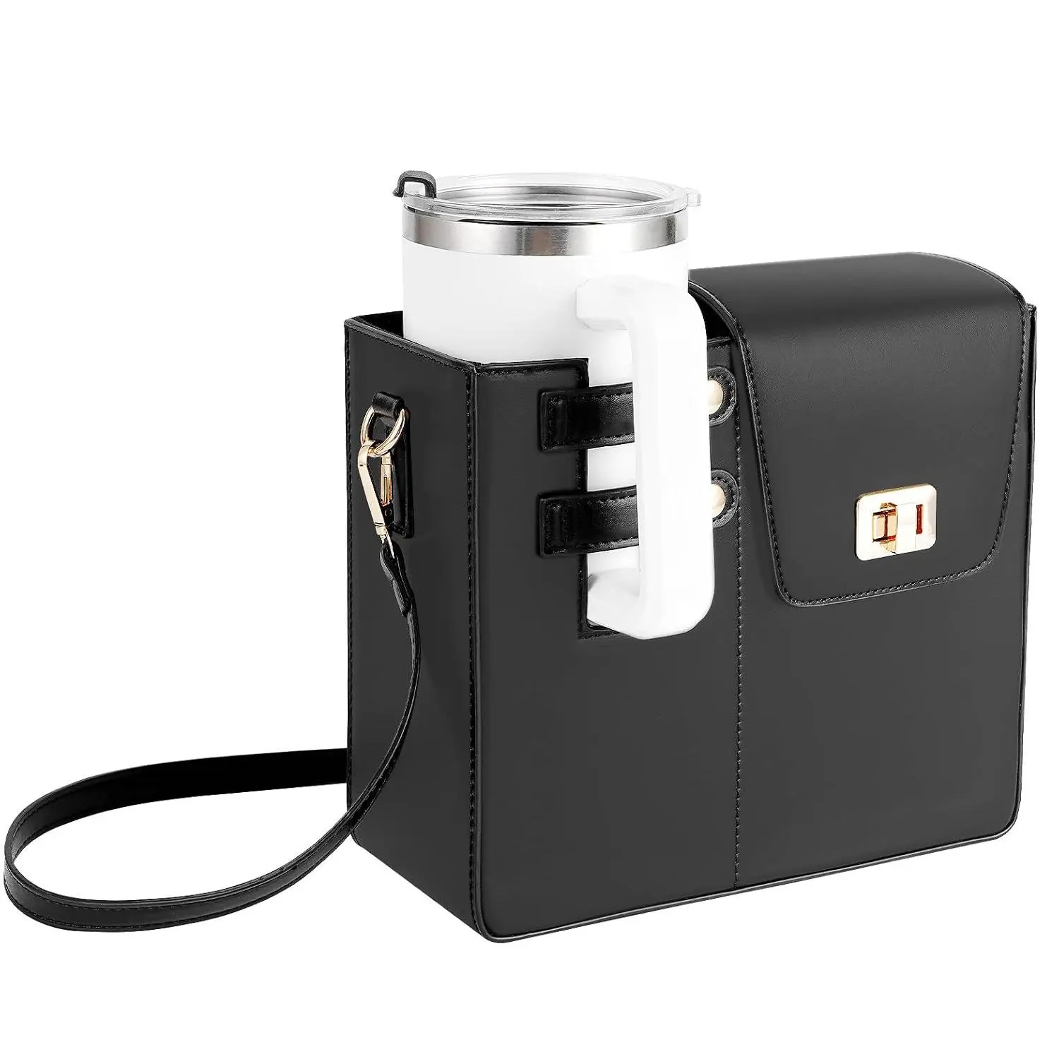 PU Leather Water Bottle Tumbler Cup Holder Bag - 1 Count Home Supplies Organizer with Compartments, Adjustable Strap, Multi-Functional Portable Dustproof Storage Bag for Outdoor Travel, Hiking