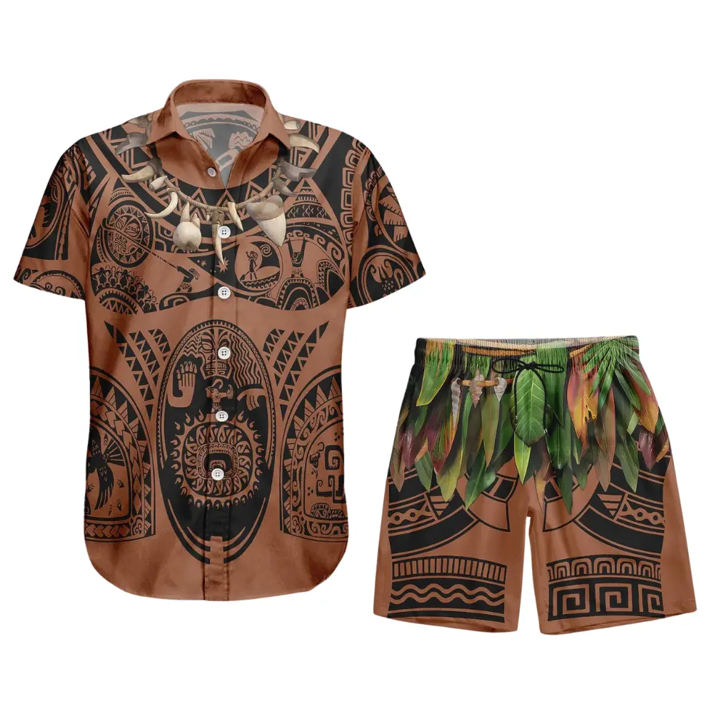 Maui Hawaiian Shirt and Short Set, Moana Inspired Tribal Warrior Leaf Skirt Halloween Outfit, Gift for Movie Lovers